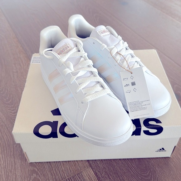 adidas Shoes - NIB! Adidas women’s grand court 2.0 tennis shoes. White / iridescent stripes.